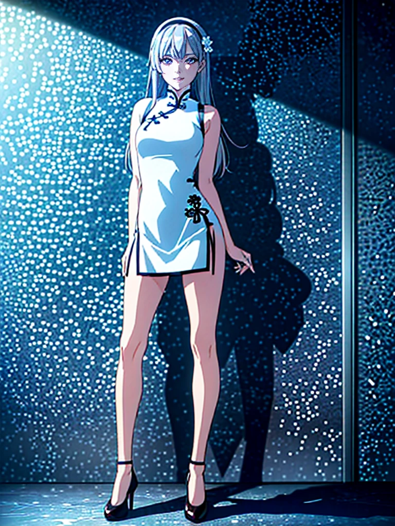 (masterpiece:1.2), anime-style, top quality, best quality, (beautiful and aesthetic:1.2), (ultra detail:1.3), Ultra-detailed depiction, Ultra-precise depiction, extremely detailed 8k illustration, high resolution, (highly detailed shading), (realistic lighting:1.2), perfect lighting, vibrant colors, dynamic tones, striking hues, 8k, absurd resolution, perfect shadows, hdr, UHD, ambient lighting, realistic, ultra-realistic, photo realistic, highly detailed, rich detail, luminous colors, fine texture, intricate design, professional illustration, (soft light:1.2), (illustration:0.8) BREAK
(1girl, solo), (full body:1.5), full-body shot, ((standing)), (perfect anatomy, perfect hands, perfect legs, perfect body), beautiful body, natural proportions BREAK
(((extremely detailed face))), (beautiful detailed eyes:1.6), (realistic pupils, realistic iris:1), expressive eyes, looking at viewer, (clear eyes:1.3), (hyperrealistic:1.2), (detailed skin texture:1.2), smooth skin, ((purple eyes)), ((silver hair)), silver hair with blue tips, long hair, (hairband:1.3), ((black hairband)), bangs, ((hair ornament)), (smile), blush, large breast, (detailed lips:1.3), (attractive lips:1.2), (glossy lips:1) BREAK
((a sexy woman dressed in a mini qipao dress)), qipao, ((white qipao:1.5)), (mini qipao:1.5), dress, ((china dress)), (mini dress:1.5), (bare legs:1.3), ((chinese clothes)), ((high slit qipao)), thighs, ass visible through thighs, ((bare shoulders)), high heels BREAK
(minimal background:1.1), (simple background:1.1)
