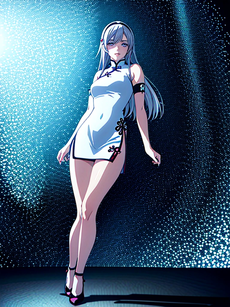 (masterpiece:1.2), anime-style, top quality, best quality, (beautiful and aesthetic:1.2), (ultra detail:1.3), Ultra-detailed depiction, Ultra-precise depiction, extremely detailed 8k illustration, high resolution, (highly detailed shading), (realistic lighting:1.2), perfect lighting, vibrant colors, dynamic tones, striking hues, 8k, absurd resolution, perfect shadows, hdr, UHD, ambient lighting, realistic, ultra-realistic, photo realistic, highly detailed, rich detail, luminous colors, fine texture, intricate design, professional illustration, (soft light:1.2), (illustration:0.8) BREAK
(1girl, solo), (full body:1.5), full-body shot, ((standing)), (perfect anatomy, perfect hands, perfect legs, perfect body), beautiful body, natural proportions BREAK
(((extremely detailed face))), (beautiful detailed eyes:1.6), (realistic pupils, realistic iris:1), expressive eyes, looking at viewer, (clear eyes:1.3), (hyperrealistic:1.2), (detailed skin texture:1.2), smooth skin, ((purple eyes)), ((silver hair)), silver hair with blue tips, long hair, (hairband:1.3), ((black hairband)), bangs, ((hair ornament)), (smile), blush, large breast, (detailed lips:1.3), (attractive lips:1.2), (glossy lips:1) BREAK
((a sexy woman dressed in a mini qipao dress)), qipao, ((white qipao:1.5)), (mini qipao:1.5), dress, ((china dress)), (mini dress:1.5), (bare legs:1.3), ((chinese clothes)), ((high slit qipao)), thighs, ass visible through thighs, ((bare shoulders)), high heels BREAK
(minimal background:1.1), (simple background:1.1)