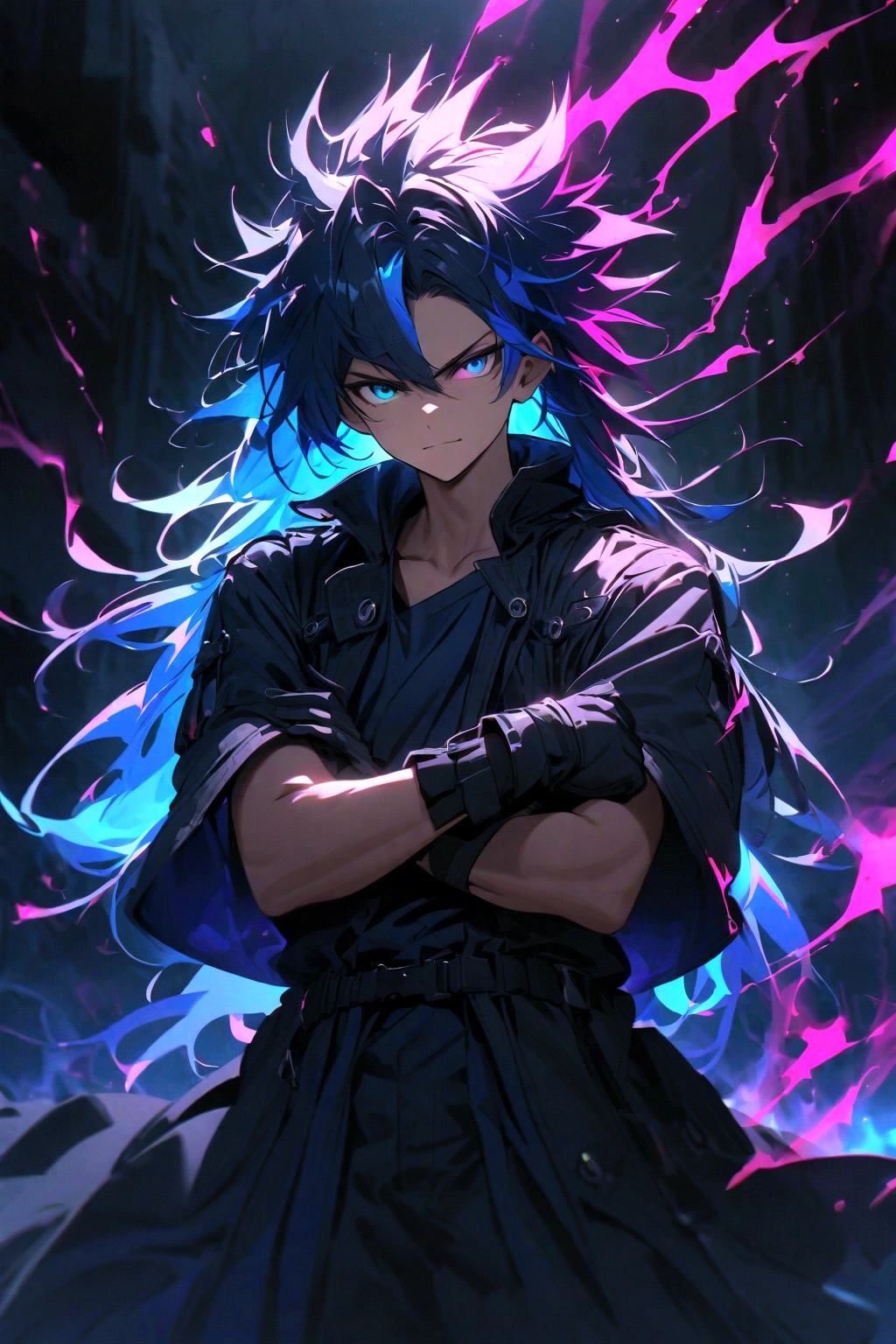 Teenage boy, spiky hair, long hair, multicolored black and blue hair, black and blue eyes heterochromia, serious face, Simple smile, dark blue shirt, baggy black short-sleeved overcoat, medium length black gloves, crossed arms, electric aura