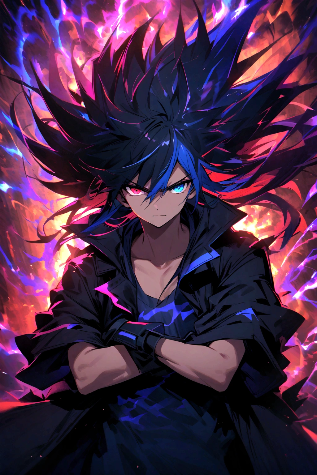 Teenage boy, spiky hair, long hair, multicolored black and blue hair, black and blue eyes heterochromia, serious face, Simple smile, dark blue shirt, baggy black short-sleeved overcoat, medium length black gloves, crossed arms, electric aura 