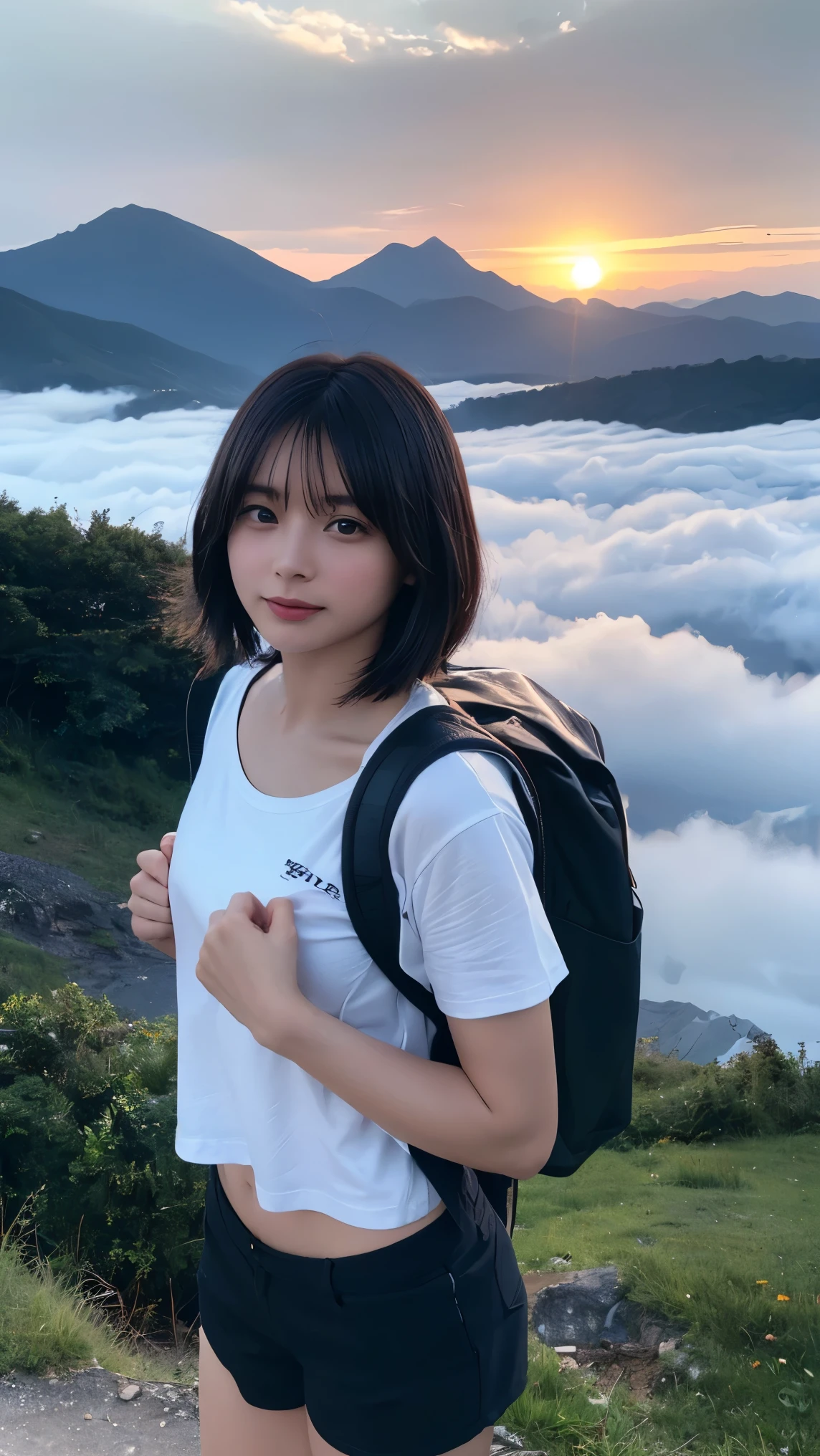 Highest quality, masterpiece, Ultra-high resolution, (Realistic:1.3), RAW Photos, (Nature landscape photography), (Majestic mountain peaks, sea of clouds), (On a very wide mountain), (sunset), (One girl), (Upper Body), (20-year-old), (smile:0.9), (Shiny skin), (short hair, Dark brown hair), (White T-shirt), (Casual shorts), (Carry a large backpack on your back), (Ultra detailed face), (Super beautiful poop), (Highly detailed eyes), (Highly detailed nose), (Highly detailed mouth), (Very skilled hands), (Super-detailed body), Sony a7, 85mm lens, f9.0, Pan Focus