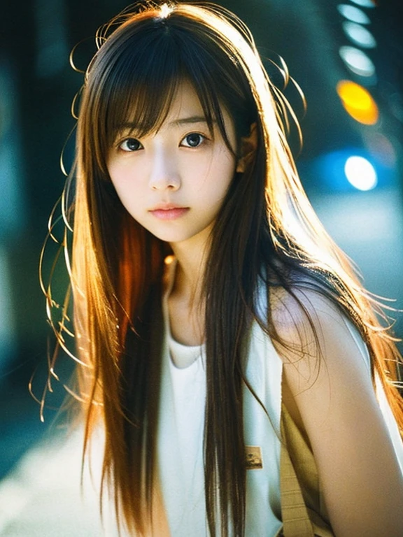 Japanese beautiful girl, Embarrassed look, figure, (Highest quality, Super detailed), Looking down、 Gentle lighting, Flowing Hair, one piece、Delicate features, Dreamy atmosphere、Analog Film Photography、20-year-old、80',Cyberpunk-style lo-fi animation、