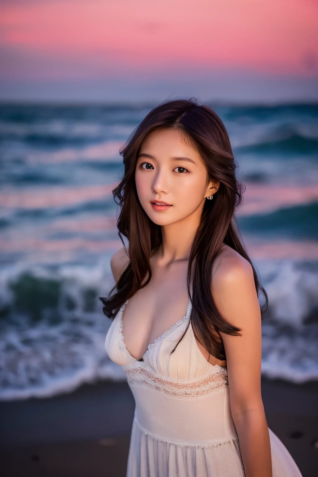 Create a high-quality, hyper-realistic portrait of a very beautiful Japanese idol. She is wearing a clean white summer dress and is squatting on the beach during sunset at sea. The deep indigo of the night sky contrasts with the last vestiges of crimson near the horizon, with swaying waves in the background. The girl has semi-long hair and a slender body with small breasts. The photo should capture her with detailed eyes, a detailed face, and a beautiful, sophisticated nose. The image should have a realistic, delicate, and finely detailed quality, suitable for a fashion magazine cover. Use cinema lighting and soft light to enhance her features. Ensure the photo is of the highest quality, with a resolution of 8K, making it perfect for a 2K wallpaper.