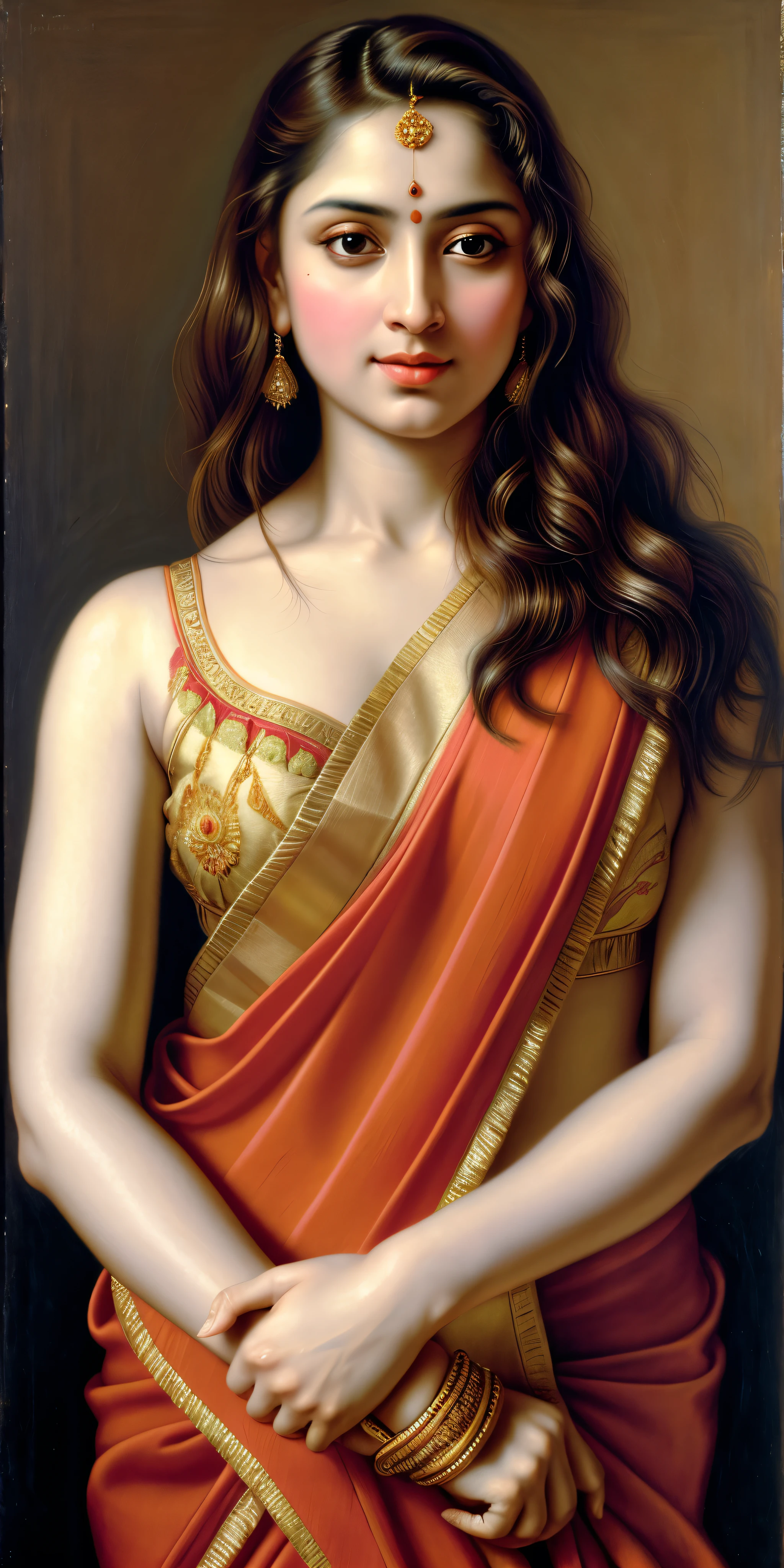 Beautiful Indian Woman, wearing saree, sari Beauty, gorgeous, Apsara, Maharani, royal queen woman, nymph from Hindu Mythology, Urvashi, matchless beauty, Highly detailed, Oil Painting by Peter Paul Rubens inspired by Raja Ravi Varma, Matchless beauty, captivating, gorgeous, heavenly beauty, celestial beauty, by Peter Paul Rubens, 13, realistic, hyper realistic, micro details, incredible artwork, insane details, ultra High resolution, 8k, 32k, acrylic on canvas, intricate, flawless, detailed, detailed face, detailed eyes, masterpiece, by Peter Paul Rubens, by Caravaggio, by William Adolphe bouguereau, perfect face, perfect body, beautiful art, realism, baroque, renaissance Art, highly textured, beautiful and detailed eyes, uhd, best quality, flawless art, detailed art,