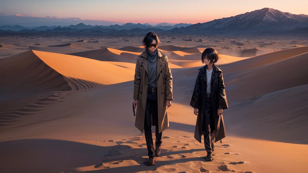 wilderness, desert, Wear a long coat, hard boiled, Sunset, Japanese sword, While walking, Playing the harmonica, Close your eyes, Good looking, Highest quality, From the front of the camera, short hair, One person,