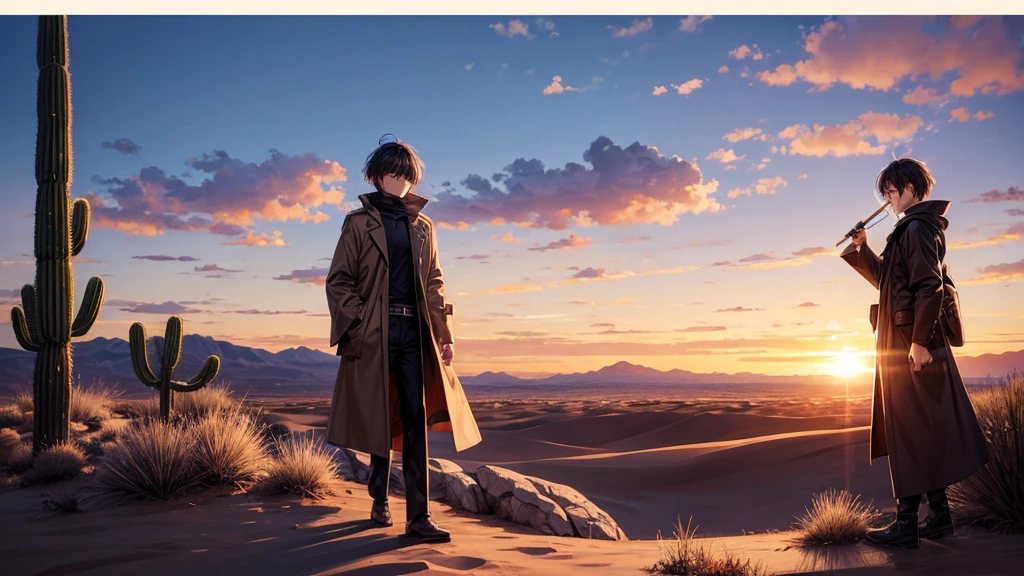 wilderness, desert, Wear a long coat, hard boiled, Sunset, Japanese sword, While walking, Playing the harmonica, Close your eyes, Good looking, Highest quality, From the front of the camera, short hair, One person,