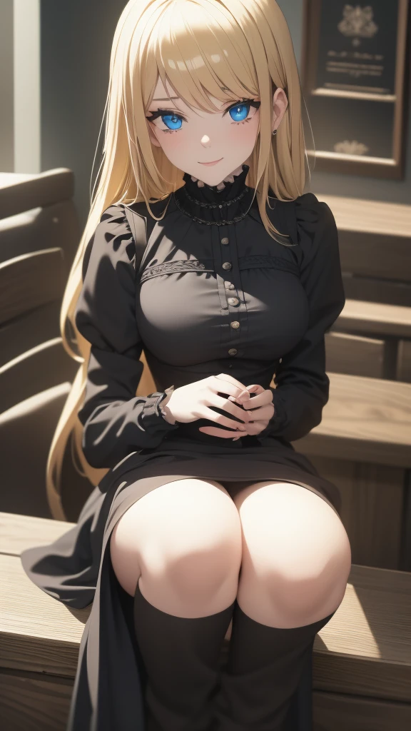 Gothic maid of the Victorian era, Blonde, blue eyes, White skin, in a coffee shop 
