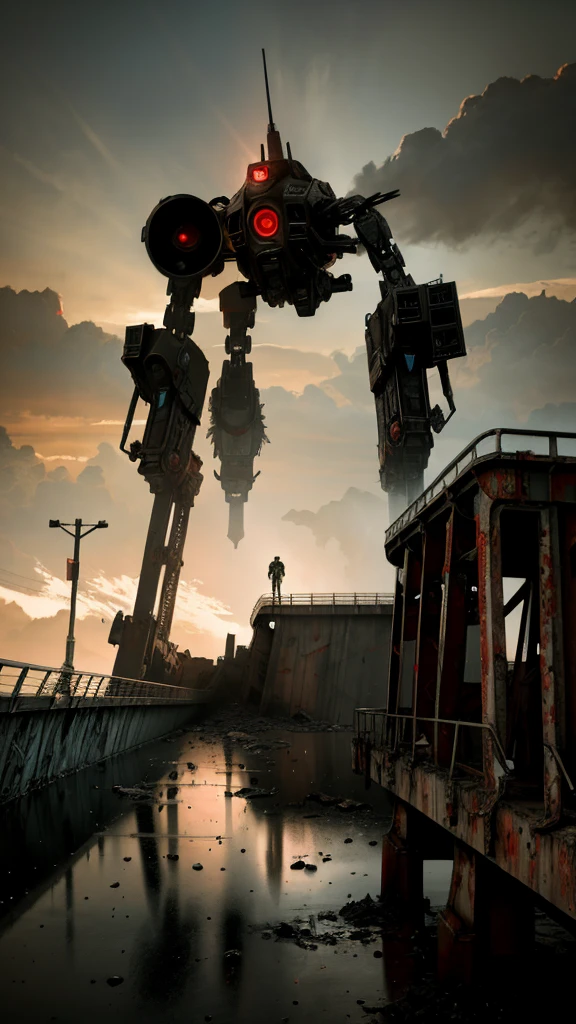 An mecha, on an abandoned bridge, in the background a post apocalyptic scene, Shawn Levy style, 8k image, vfx effects, high detail, focused image, high level of detail, black with red, cinematic scene. Perspective view, fighting scene