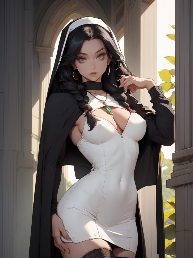 solo, flower, long hair, hair ornament, medium_breasts, sparkle, cleavage, standing, jewelry, hair flower, black hair, cape, lips, looking at viewer, braid, dress, plant, 1girl, seductive, delicate, gardevoir, android, white skin, glowing eyes, specterdef, nun, habit, black dress, long sleeves, capelet, black pelvic curtain, black thighhighs, necklace, beautiful body, masterpiece