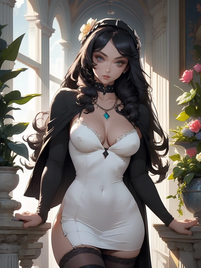 solo, flower, long hair, hair ornament, medium_breasts, sparkle, cleavage, standing, jewelry, hair flower, black hair, cape, lips, looking at viewer, braid, dress, plant, 1girl, seductive, delicate, gardevoir, android, white skin, glowing eyes, specterdef, nun, habit, black dress, long sleeves, capelet, black pelvic curtain, black thighhighs, necklace, beautiful body, masterpiece