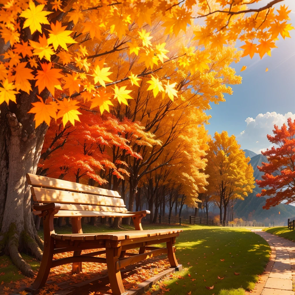 (Highest quality, High resolution), Landscape of autumn leaves.Vibrant colors,Low - Angle,

(古びたwood製のベンチ:1.3),(大きな楓のwood,Textured bark:1.2),a lot of fallen leaves, A winding road leading deep into the mountains,Warm earth tones, Soft and natural lighting.Autumn leaves background, Vibrant colorsの葉, The golden leaves gently fall, wood々Warm sunlight shining in from between, Peaceful and calm atmosphere, Soft rays of light illuminating the scene, The sound of rustling leaves, Fresh, cool air,  A carpet of fallen leaves on the ground, Quiet and picturesque setting, Natural beauty in full bloom, 