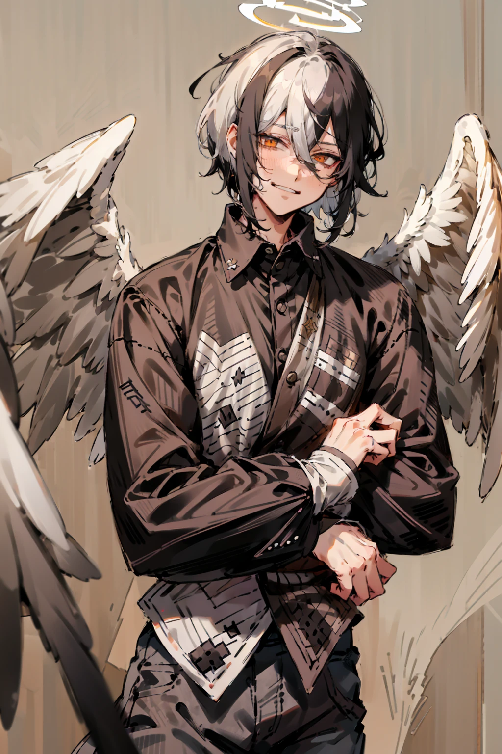 1male, Adult, Two Tone Hair, Black and White Hair, Short Hair, Undercut Hair, Black and White Horns, Angel Halo, Black and White Wings, Golden Eyes, Smirk, Black and White Flannel Shirt, Black Ripped Jeans