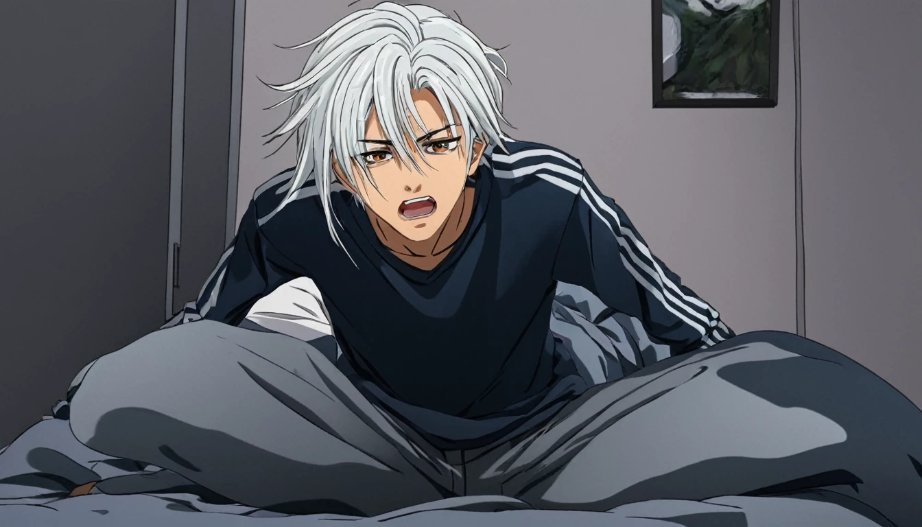 Young  white hair stylist boy ayush(anime style)Ayush's face contorted in fear as he cowered in the corner of his bed, eyes wide with dread." ( Anime style)