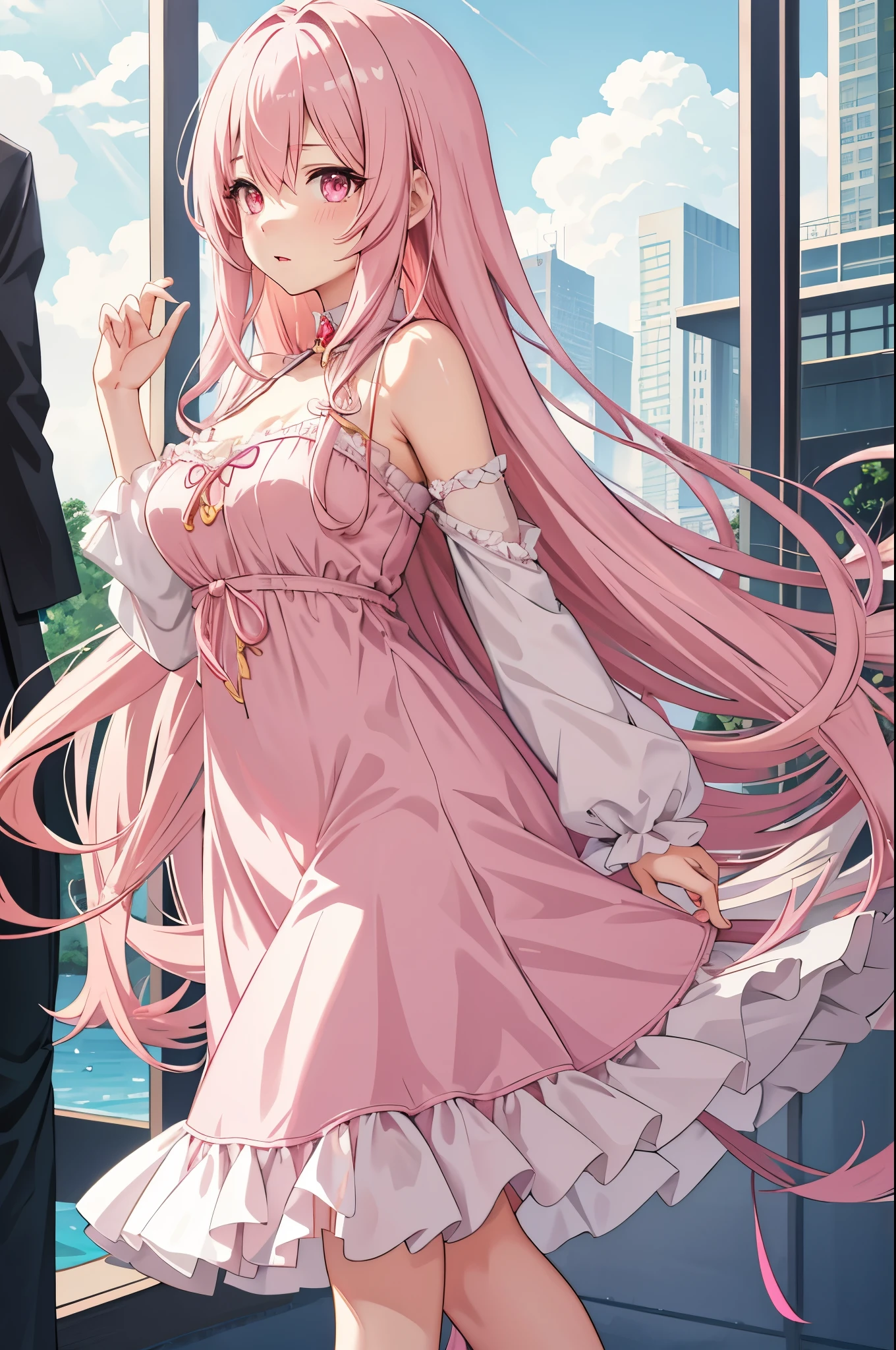 solo, 1girl, mature anime female, light pink hair, long hair, dark pink eyes, subtle blush, love goddess, sundress