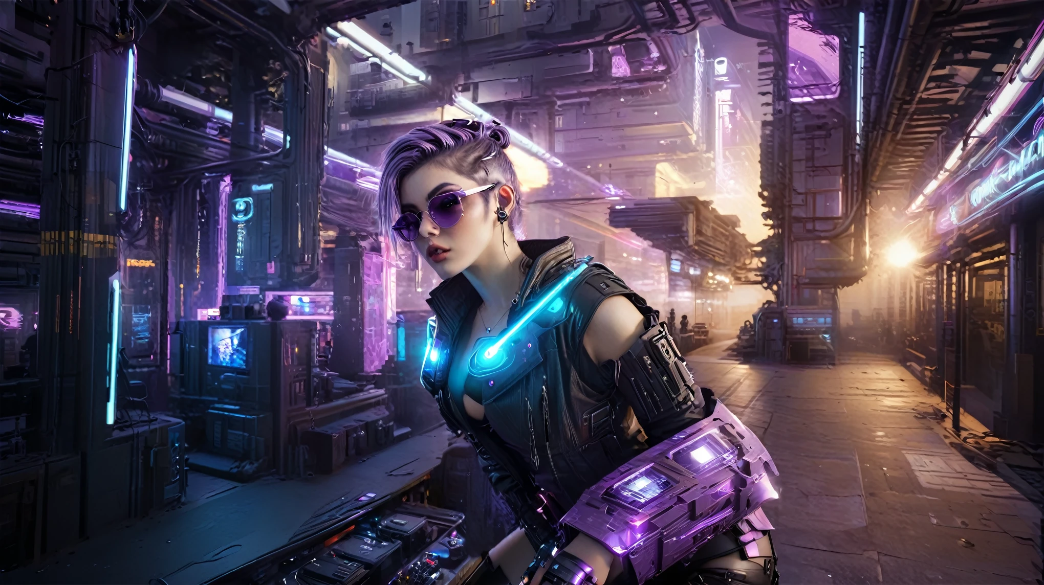 masterpiece, best quality, high resolution, 8k, (Portrait Photos:1.5), (R Original Photo), real picture, Digital Photography, (A fusion of cyberpunk and fantasy), 20 year old girl, solo, (((black sunglasses))), Feel free to hairstyle, Purple Eyes, By Bangs, (large breasts, cleavage, Accessories, Elegant and charming, Combination of cyberpunk and fantasy style clothing, Hollow carving design, Photo poses, Realistic style, (((((pistol shooting pose))))), oc render reflection texture, sentry, (((((Cyberpunk style future city))))), night, Bustling streets, (((((half-body (thigh level) medium shot))))), Medium distance photography