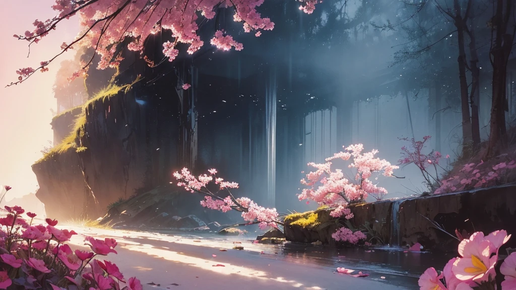 32k, Masterpiece, Highest quality, One girl, Brown Hair, Detailed eyes, flower,Freesia, Pink and navy style,A dreamy, romantic piece,Pale yellow, Mysterious Leaves,A playful arrangement,Fantasy,High Contrast,Ink strokes,explosion,Exposure, Impression of pink and navy tones,Abstract,((Watercolours by John Berkey and Jeremy Mann )) Brush strokes,Negative Space, Tyndall effect,