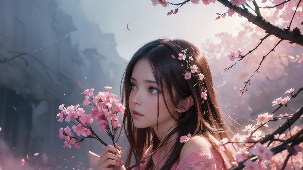 32k, Masterpiece, Highest quality, One girl, Brown Hair, Detailed eyes, flower,Freesia, Pink and navy style,A dreamy, romantic piece,Pale yellow, Mysterious Leaves,A playful arrangement,Fantasy,High Contrast,Ink strokes,explosion,Exposure, Impression of pink and navy tones,Abstract,((Watercolours by John Berkey and Jeremy Mann )) Brush strokes,Negative Space, Tyndall effect,