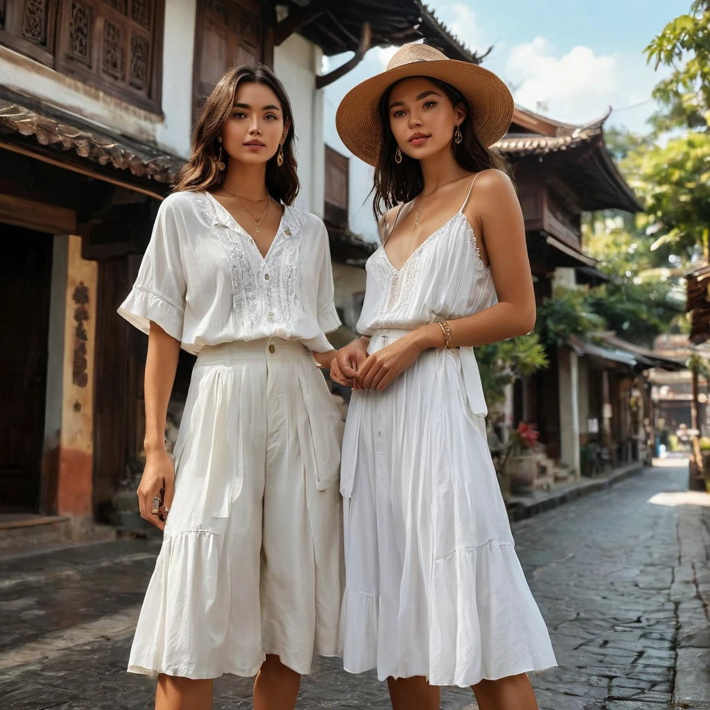 candid of young man and woman, both aged 20 year old, ((showcase fashion look book in a White rayon outfits)), inspired by JACQUARD 's resort collection in elegant bohemian style. The man wears an oversized short-sleeved bowling white shirt with a pocket details, paired with relaxed-fit white Sports Wide Leg Shorts Baggy short and Drawstring, He completes his look with white sneakers, sunglasses and bracelet. The woman complements him in Ankle-length pleated dress in white rayon fabric, sleeveless, featuring a V-neckline with an elasticated waist and spaghetti shoulder straps, with delicate lace insets, Gathered tiers down the skirt and a ruffle hem, Her ensemble includes an accessorizes with a wide-brimmed straw hat, white sneakers and necklace. Captured in a low angle, ((full-body image)) ,Photographed with a a Canon EOS R6 with Sigma AF 85mm F1.4 EX DG HSM, utilizing natural light, the image employs shadows to enhance features and add depth to the composition. The careful layering and arrangement of body parts and surrounding objects ensure a flawless composition. This masterpiece celebrates the beauty of the models and invites viewers to immerse themselves in a world of sophistication and charm. The seductive lighting and intricate details, combined with a dramatic composition, capture the essence of a fun-filled day brimming with joy and relaxation. Attention is meticulously paid to the layers and arrangement of body parts and surrounding objects, ensuring correct body structure and photo distance. The romantic atmosphere, paired with a lively Chiang Mai Old city street setting, extremely gorgeous background, completes this captivating scene.