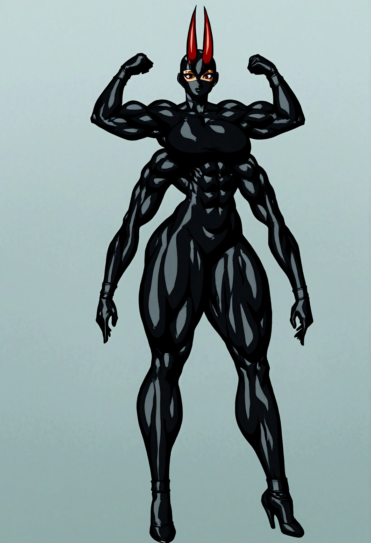 Ninja femboy, long cleopatra hair, oni red horns, gigantic muscular body, black ninja outfit, big breasts, black ninja mask, 4 arms, full body.