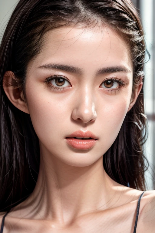 (realistic, photo-realistic:1.4), (masterpiece, best quality:1.2), RAW photo, high resolution, intricate details, extremely detailed, realistic and sharp details, cinematic lighting, portrait, frontal photography, solo, 1girl, a Japanese woman, dark hair, slender body, detailed face, detailed eyes, sophisticated nose, pale skin, collarbone, smaller breasts, photo background, indoors,,,[Yuko Kotegawa]