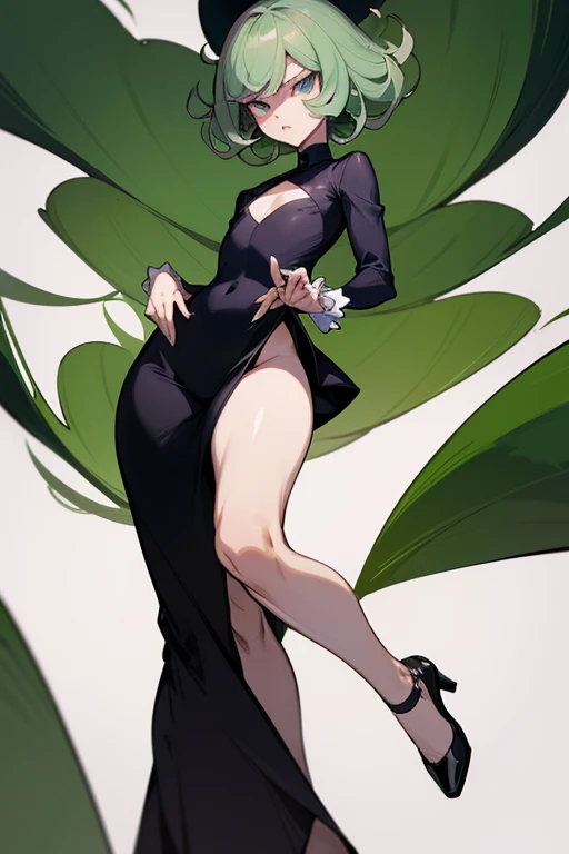 Tatsumaki is a 28 year old woman., Despite his youthful appearance, He has an energetic and slender body. His figure is quite small, with a thin body on top, but slightly thicker at the bottom. He has a flat chest, wide hips and big thighs, which gives it a very feminine appearance. Her hair is emerald and her eyes are also the same tone.. when he gets angry, her hair starts to shine brightly. She usually wears a tight black dress that highlights her curves and shows off her long legs.. Her legs are one of her most notable features., since they are long and elegant. In general, Tatsumaki has a powerful and attractive appearance that reflects his dominant personality..