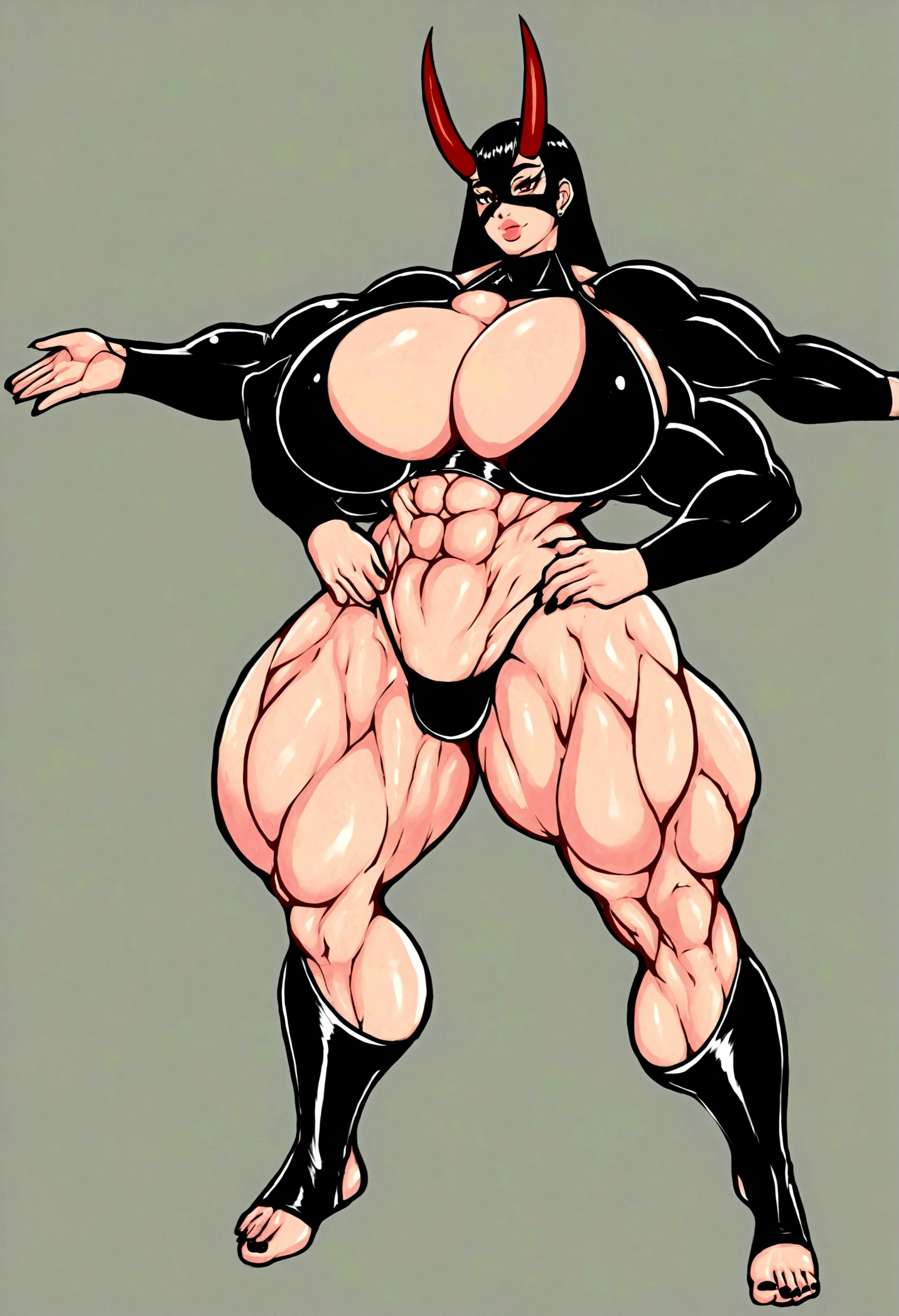 Ninja femboy, long cleopatra hair, oni red horns, gigantic muscular body, black ninja outfit, big breasts, black ninja mask, 4 arms, full body.