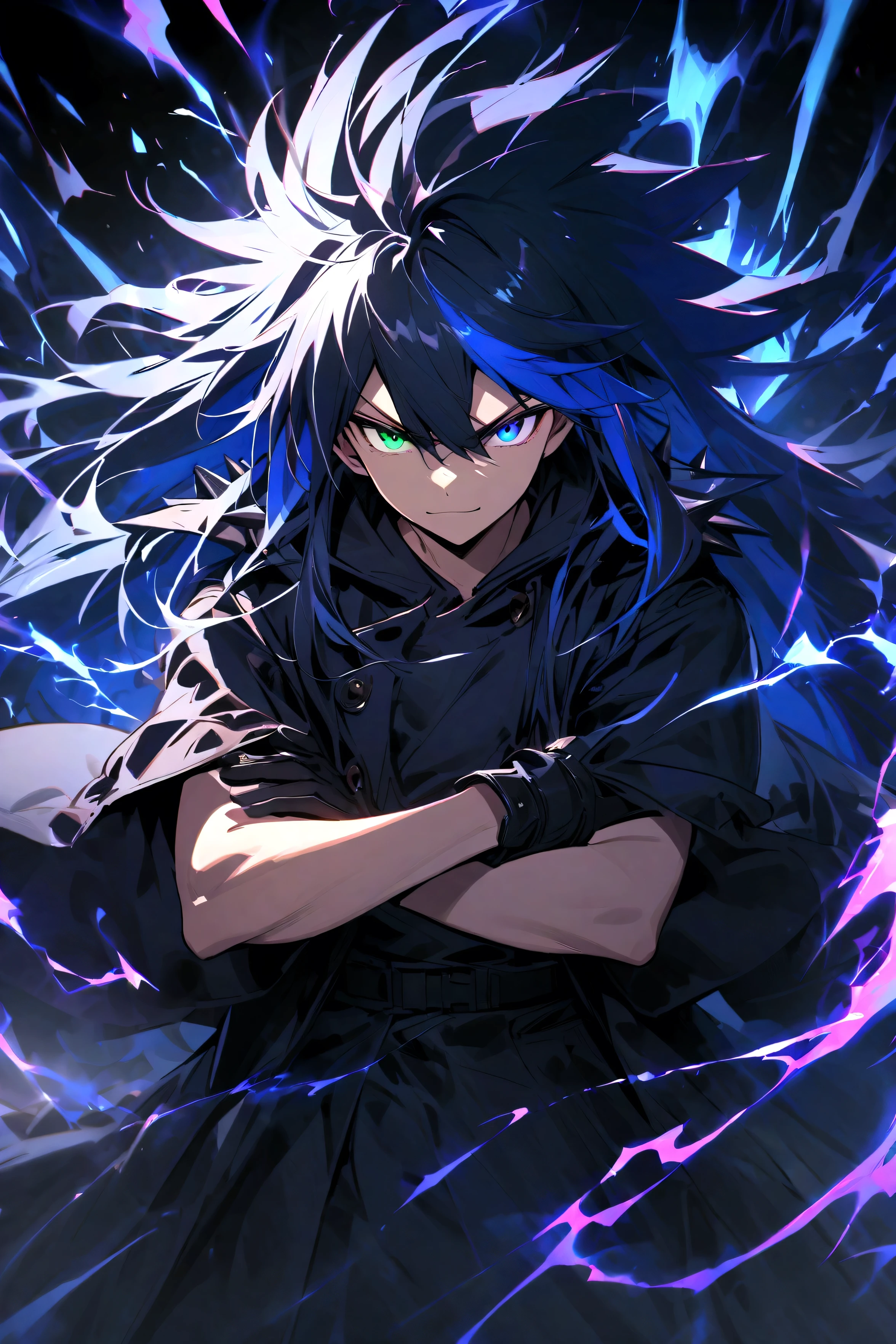 age boy, spiky hair, long hair, multicolored black and blue hair, black and blue eyes heterochromia, serious face, Simple smile, dark blue shirt, baggy black short-sleeved overcoat, medium length black gloves, crossed arms, electric aura
