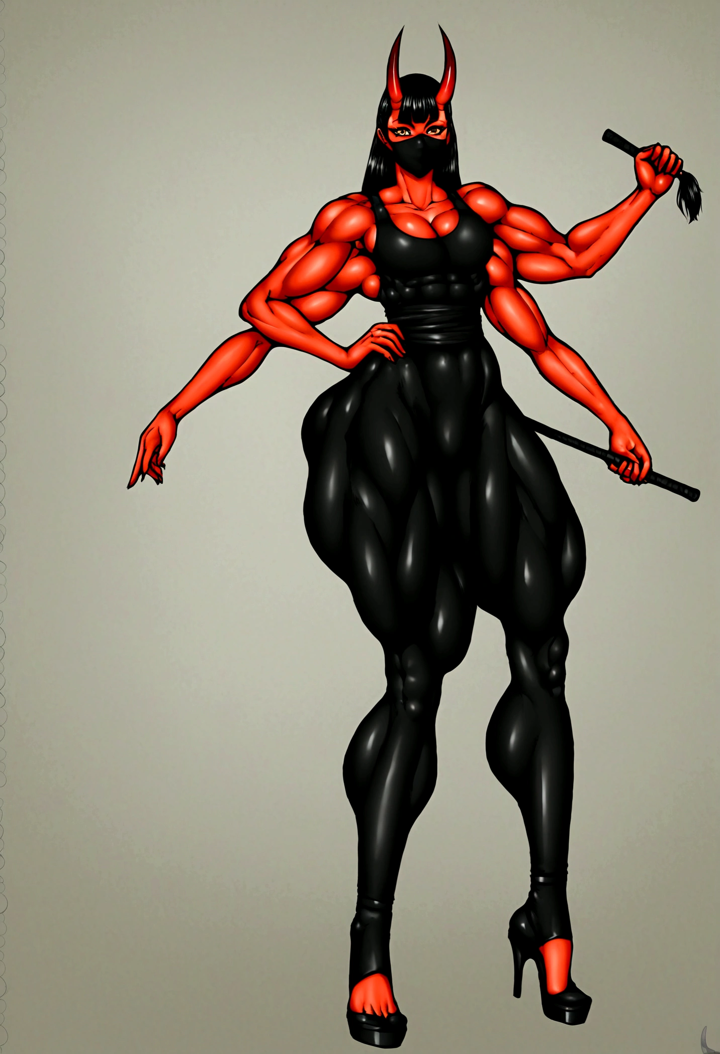Ninja femboy, long cleopatra hair, oni red horns, gigantic muscular body, black ninja outfit, big breasts, black ninja mask, 4 arms, full body.