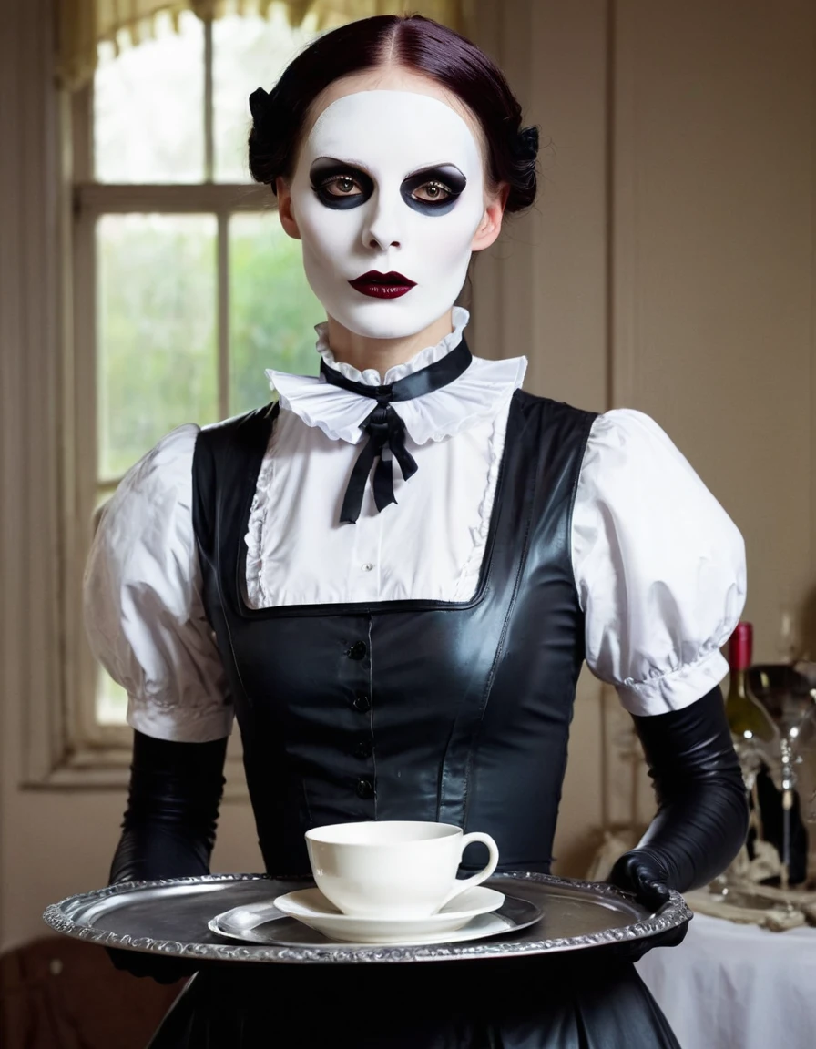A scared, very thin maid in latex. A white face. He holds a tray with wine glasses. Victorian style.