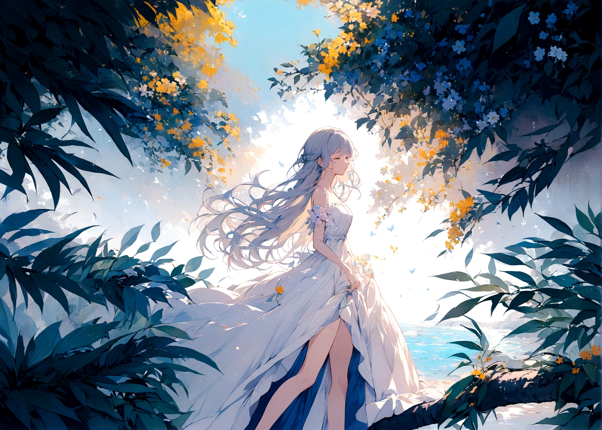 The image depicts a girl with long blonde hair wearing an elegant pastel-colored dress. Her hair flutters in the wind, creating a sense of movement and lightness. The surrounding atmosphere is filled with delicate flowers and leaves that seem to float around, creating a dreamy and dreamy setting. The background consists of soft light shades with elements of greenery and flowers, which adds harmony and tranquility to the image. The whole composition conveys a sense of peace and beauty of nature.