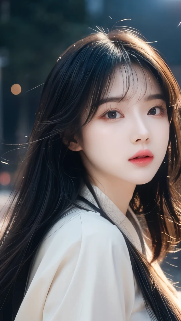 (Top quality,masterpiece:1.3,Ultra-high resolution,),(Extremely detailed,Caustic lines),(Reality:1.4,RAW Shooting,)Ultra-realistic capture,Very detailed,HD 16K,Suitable for human skin、 Natural skin texture、、Skin looks healthy and even-toned、 Use natural light and color,A woman,Kawaii,black hair,Medium Length Hair,(Depth of Field、Chromatic Aberration、、Wide lighting range、Natural shadows、)、(Nighttime outdoor lighting:1.4)(Hair blowing in the wind:1.1),Hanfu