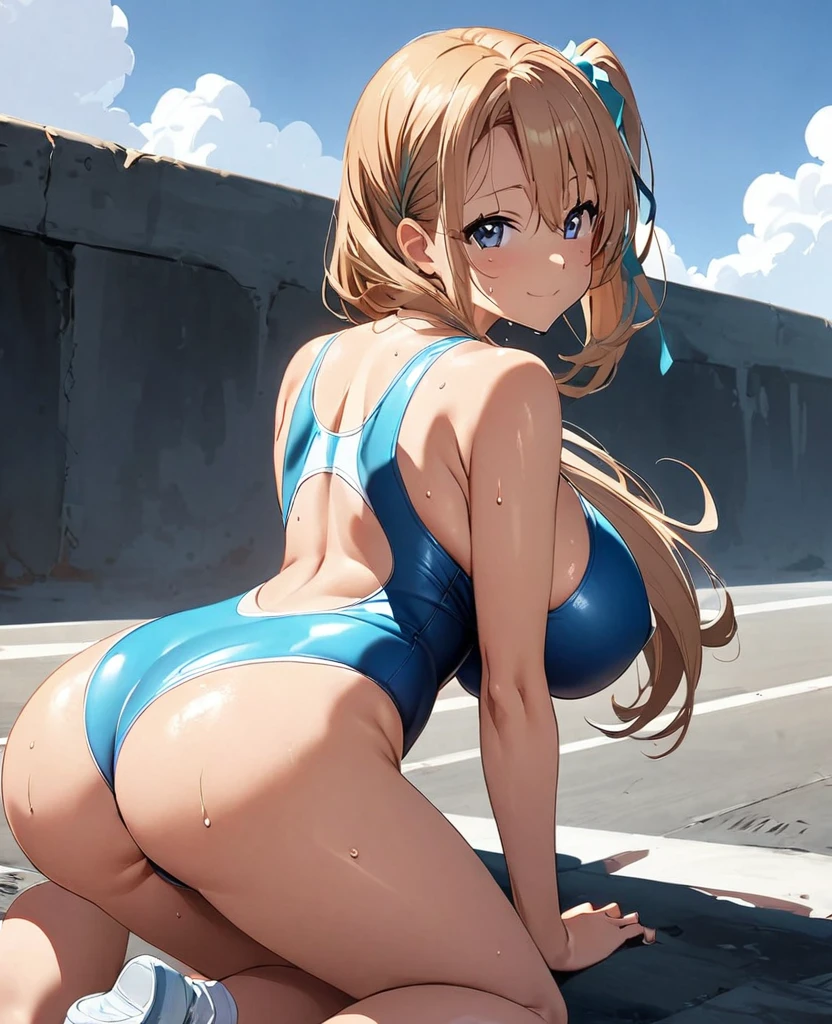 Asuna, Anime art style, 1 Girl, alone,Big Breasts、High leg competitive swimsuit、((My whole body is sweating))、Side Ponytail、Stick your butt out、look back、On all fours