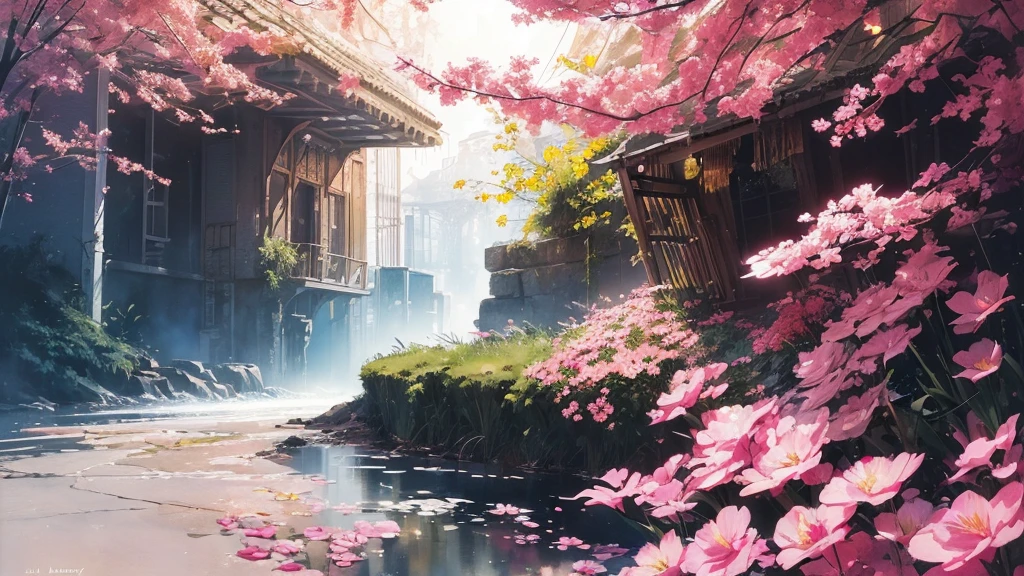 32k, Masterpiece, Highest quality, One girl, Brown Hair, Detailed eyes, flower,Freesia, Pink and navy style,A dreamy, romantic piece,Pale yellow, Mysterious Leaves,A playful arrangement,Fantasy,High Contrast,Ink strokes,explosion,Exposure, Impression of pink and navy tones,Abstract,((Watercolours by John Berkey and Jeremy Mann )) Brush strokes,Negative Space, Tyndall effect,