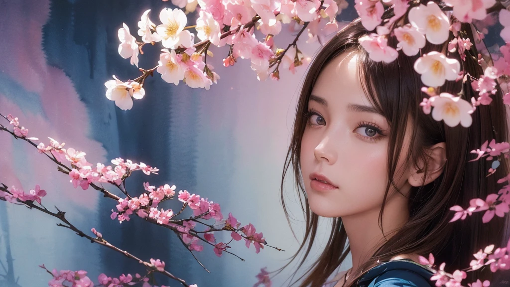 32k, Masterpiece, Highest quality, One girl, Brown Hair, Detailed eyes, flower,Freesia, Pink and navy style,A dreamy, romantic piece,Pale yellow, Mysterious Leaves,A playful arrangement,Fantasy,High Contrast,Ink strokes,explosion,Exposure, Impression of pink and navy tones,Abstract,((Watercolours by John Berkey and Jeremy Mann )) Brush strokes,Negative Space, Tyndall effect,