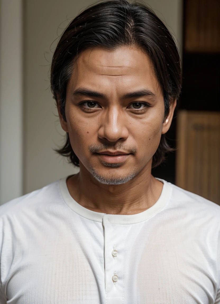 Enhance, Indonesia man, 50 years age, perfect hair, natural skintone, 8k, ultra realistic, super high quality, perfect white shirt, perfect photograpy, take by nikon camera, consistent character