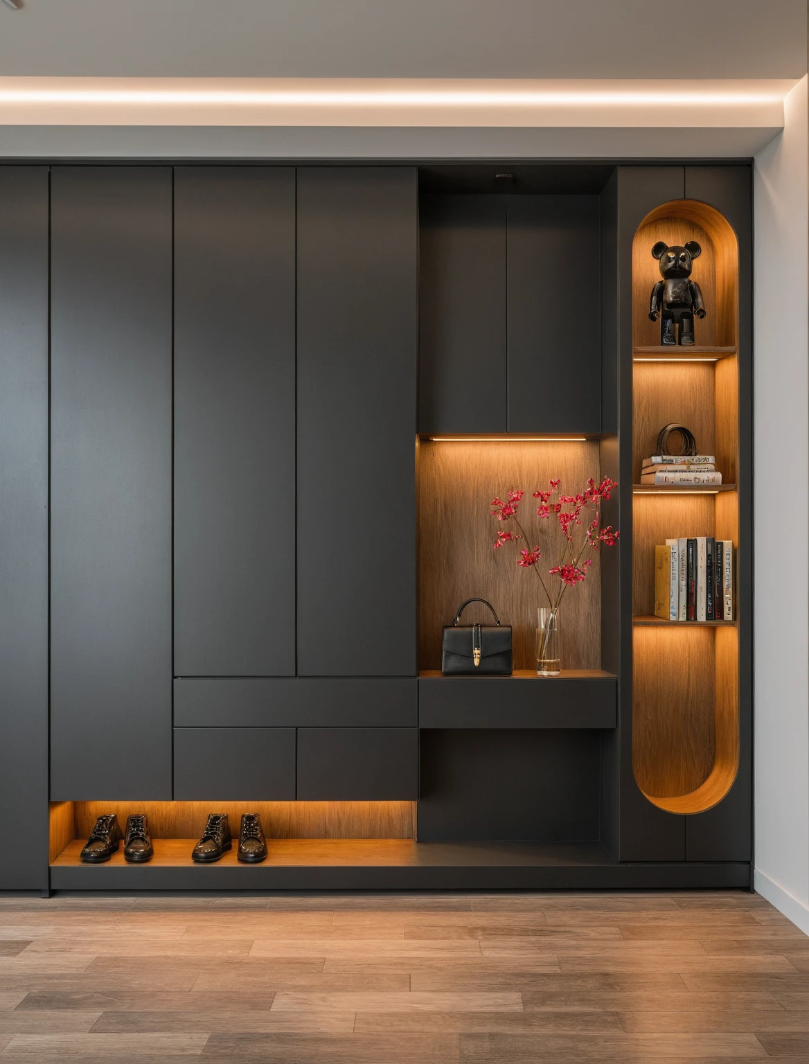 Raw photo,Masterpiece, high quality, best quality, authentic, super detail, interior, shoes Cabinet style modern luxury , sunset, daylight, shoe cabinets, decorative cabinets, flower vases, led lights, ceiling lights, decorations, books, wooden floor, Black glasses, handbags, shoes, bearbrick,