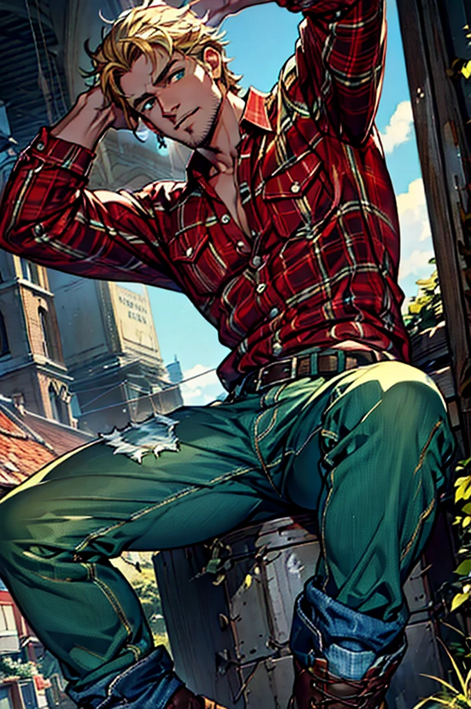 (masterpiece:1.2), (best quality), (ultra detailed), (8k, 4k, intricate),(full-body-shot:1), (highly detailed:1.2),(detailed face:1.2), (detailed background),detailed landscape, (dynamic angle:1.2), (dynamic pose:1.2), a caucasian male wearing country clothing that stands at 6'1"ft, 180lbs. Smiling 

Has a medium build with a bit of muscle, shaggy blonde hair, emerald blue green eyes, a bit of stubble.

And mostly dresses up in casual attire, red and blue plaid shirt, baggy jeans, old work boots.