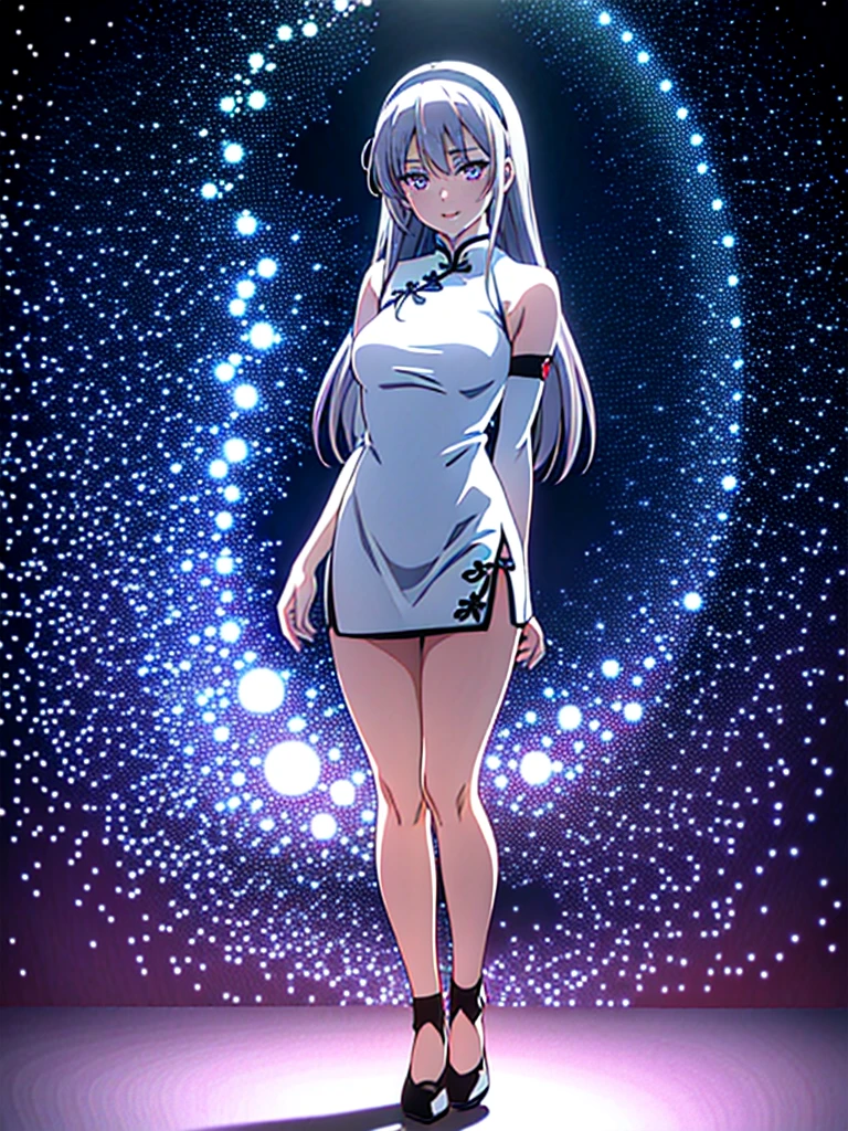(masterpiece:1.2), anime-style, top quality, best quality, (beautiful and aesthetic:1.2), (ultra detail:1.3), Ultra-detailed depiction, Ultra-precise depiction, extremely detailed 8k illustration, high resolution, (highly detailed shading), (realistic lighting:1.2), perfect lighting, vibrant colors, dynamic tones, striking hues, 8k, absurd resolution, perfect shadows, hdr, UHD, ambient lighting, realistic, ultra-realistic, photo realistic, highly detailed, rich detail, luminous colors, fine texture, intricate design, professional illustration, (soft light:1.2), (illustration:0.8) BREAK
(1girl, solo), (full body:1.5), full-body shot, ((standing)), (perfect anatomy, perfect hands, perfect legs, perfect body), beautiful body, natural proportions BREAK
(((extremely detailed face))), (beautiful detailed eyes:1.6), (realistic pupils, realistic iris:1), expressive eyes, looking at viewer, (clear eyes:1.3), (hyperrealistic:1.2), (detailed skin texture:1.2), smooth skin, ((purple eyes)), ((silver hair)), silver hair with blue tips, long hair, (hairband:1.3), ((black hairband)), bangs, ((hair ornament)), (smile), blush, large breast, (detailed lips:1.3), (attractive lips:1.2), (glossy lips:1) BREAK
((a sexy woman dressed in a mini qipao dress)), qipao, ((white qipao:1.5)), (mini qipao:1.5), dress, ((china dress)), (mini dress:1.5), (bare legs:1.3), ((chinese clothes)), ((high slit qipao)), thighs, ass visible through thighs, ((bare shoulders)), high heels BREAK
(minimal background:1.1), (simple background:1.1)
