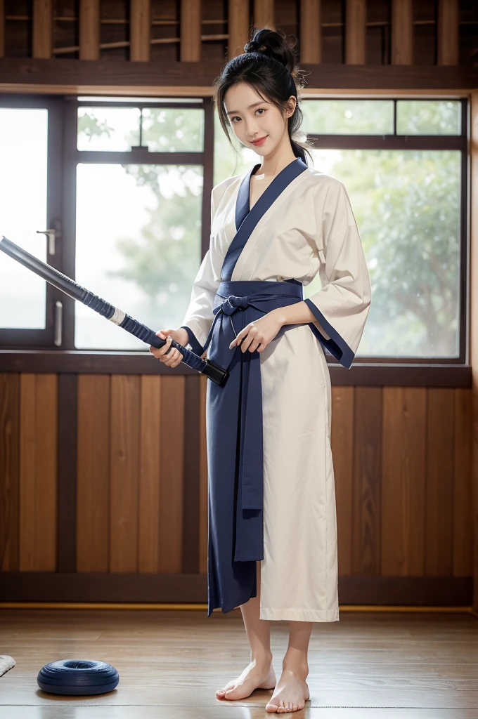 (((best quality))),(((ultra detailed))),(((masterpiece))),illustration,1girl,solo,short ponytail,slim,thin,small breasts,flat chest,white collar,white kendogi,three-quarter sleeves,maxi navy-blue kendo hakama,slender legs,standing in kendo gym,(holding a bokuto in hand:1.3),arms behind back,focused and determined expression,ready for challenge,slender and elegant face,confident and resilient,fair skin,blush,neat teeth,bright smile,clean and tidy uniform,wooden gym floor,wall,pine scent,standard grip,ready to slice through obstacles,strong belief,determination,spirit of resilience,admiring,from front,full body,bare feet