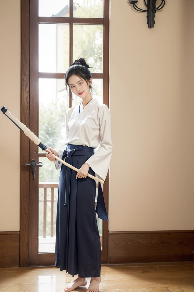(((best quality))),(((ultra detailed))),(((masterpiece))),illustration,1girl,solo,short ponytail,slim,thin,small breasts,flat chest,white collar,white kendogi,three-quarter sleeves,maxi navy-blue kendo hakama,slender legs,standing in kendo gym,(holding a bokuto in hand:1.3),arms behind back,focused and determined expression,ready for challenge,slender and elegant face,confident and resilient,fair skin,blush,neat teeth,bright smile,clean and tidy uniform,wooden gym floor,wall,pine scent,standard grip,ready to slice through obstacles,strong belief,determination,spirit of resilience,admiring,from front,full body,bare feet