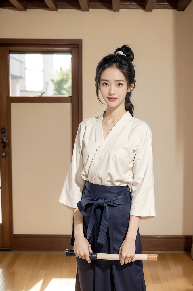 (((best quality))),(((ultra detailed))),(((masterpiece))),illustration,1girl,solo,short ponytail,slim,thin,small breasts,flat chest,white collar,white kendogi,three-quarter sleeves,maxi navy-blue kendo hakama,slender legs,standing in kendo gym,(holding a bokuto in hand:1.3),arms behind back,focused and determined expression,ready for challenge,slender and elegant face,confident and resilient,fair skin,blush,neat teeth,bright smile,clean and tidy uniform,wooden gym floor,wall,pine scent,standard grip,ready to slice through obstacles,strong belief,determination,spirit of resilience,admiring,from front,full body,bare feet