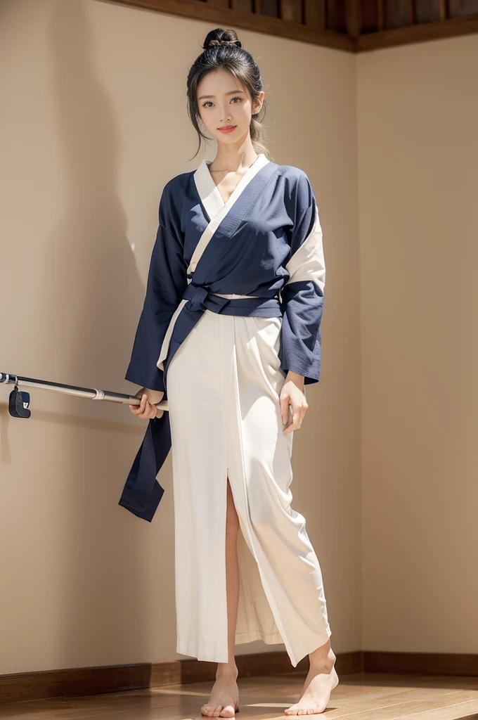(((best quality))),(((ultra detailed))),(((masterpiece))),illustration,1girl,solo,short ponytail,slim,thin,small breasts,flat chest,white collar,white kendogi,three-quarter sleeves,maxi navy-blue kendo hakama,slender legs,standing in kendo gym,(holding a bokuto in hand:1.3),arms behind back,focused and determined expression,ready for challenge,slender and elegant face,confident and resilient,fair skin,blush,neat teeth,bright smile,clean and tidy uniform,wooden gym floor,wall,pine scent,standard grip,ready to slice through obstacles,strong belief,determination,spirit of resilience,admiring,from front,full body,bare feet