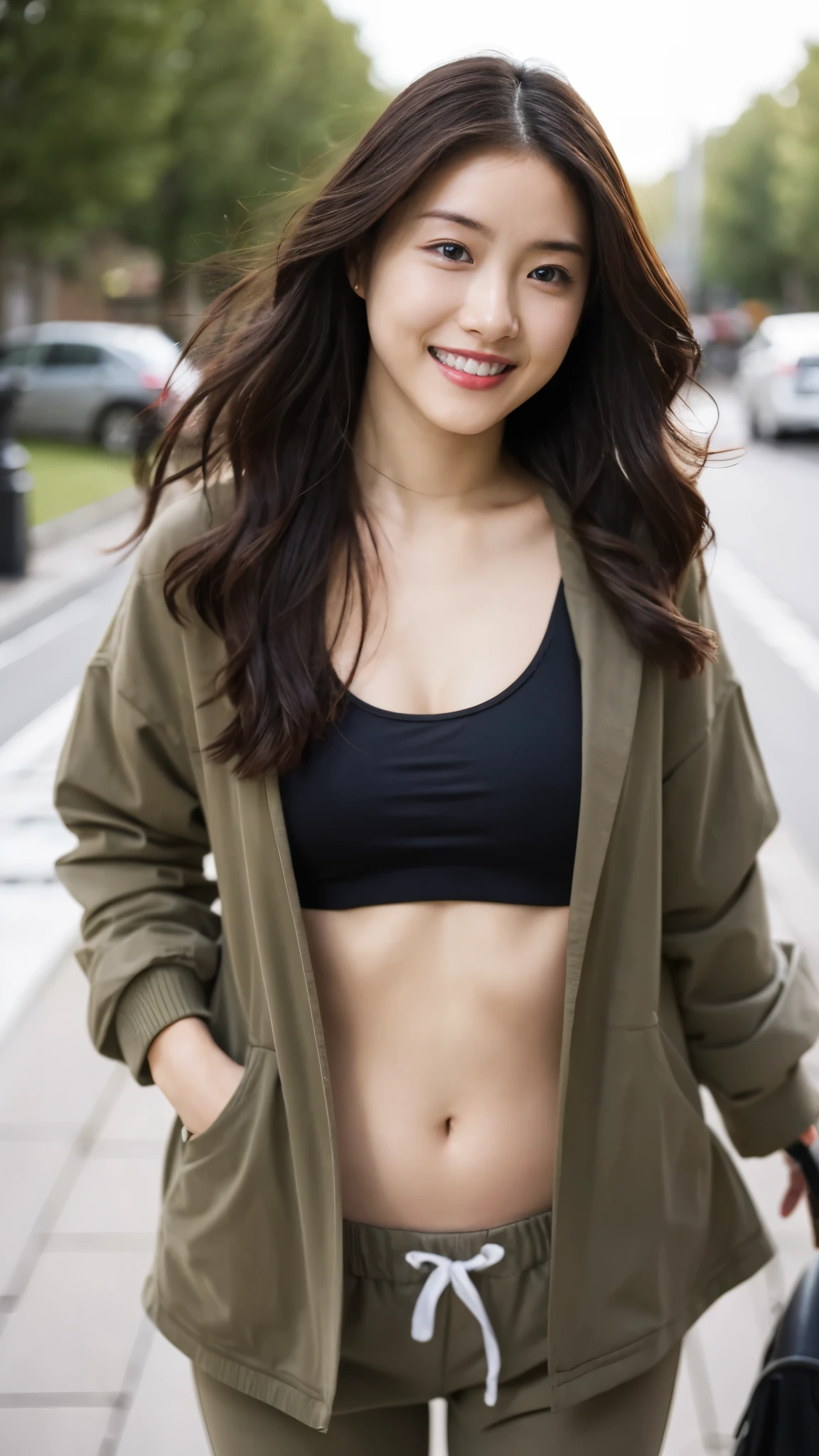 Highest quality, Ultra-high resolution, (Realistic:1.4), One girl, A loose, oversized black jacket, White sports bra, (Yoga pants:1), (Light brown hair:1.2), View Viewer, smile, Fat body, street, Urban, compensate, Wide-angle