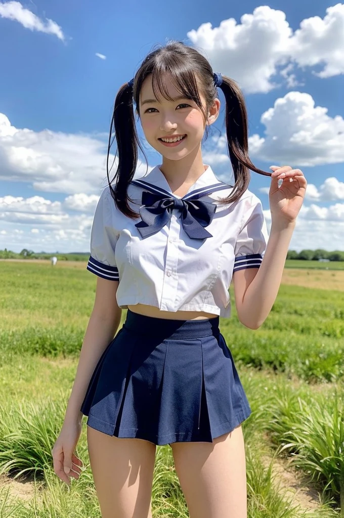 girls standing in rural field,cumulonimbus cloud in summer blue sky,white sailor shirt with red bow tie,white panties with navy blue frills,18-year-old,bangs,a little smile,thighs,knees,short hair with low pigtails bunches,from below,front light