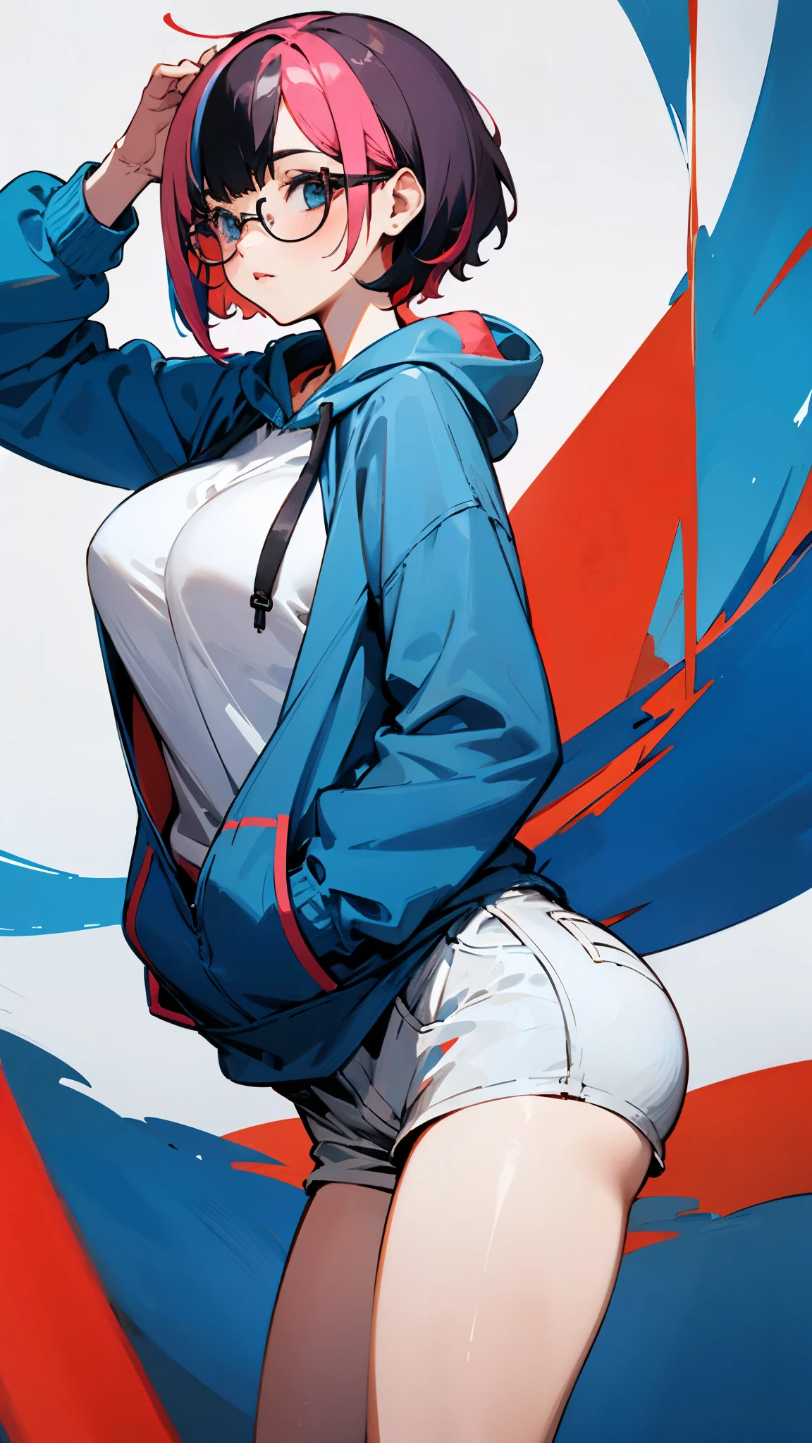 (Hair color: red and blue two-tone color)short hair glasses hoodie big breasts