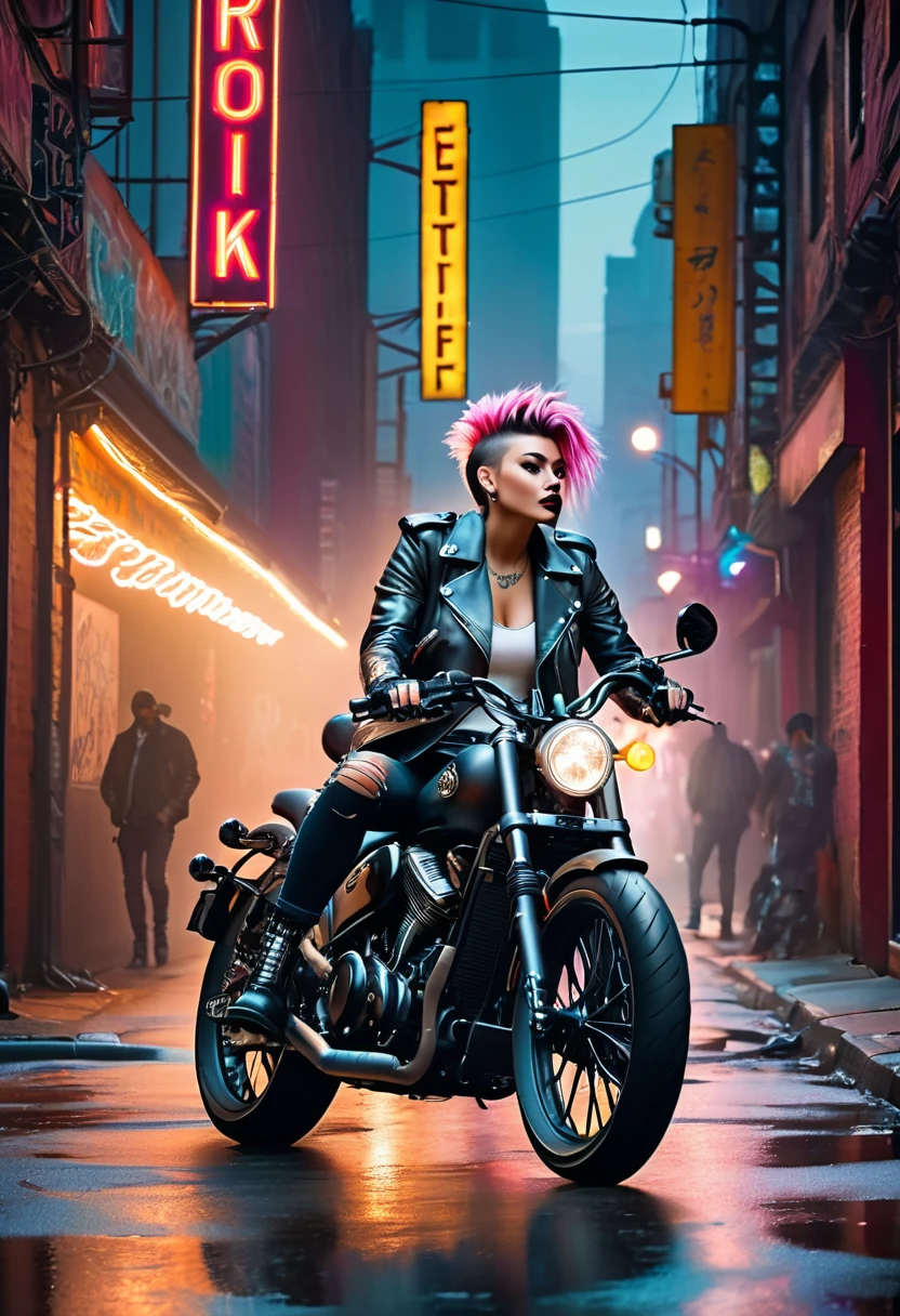 Punk Biker Gang、Exquisite Leather Jacket、Ripped jeans、boots、Tattoo、Spiked Hair、bike、City alley、Gritty urban environment、Neon Light、Moody color palette、Dramatic lighting、Ultra-realistic、8K、masterpiece、Cinematic