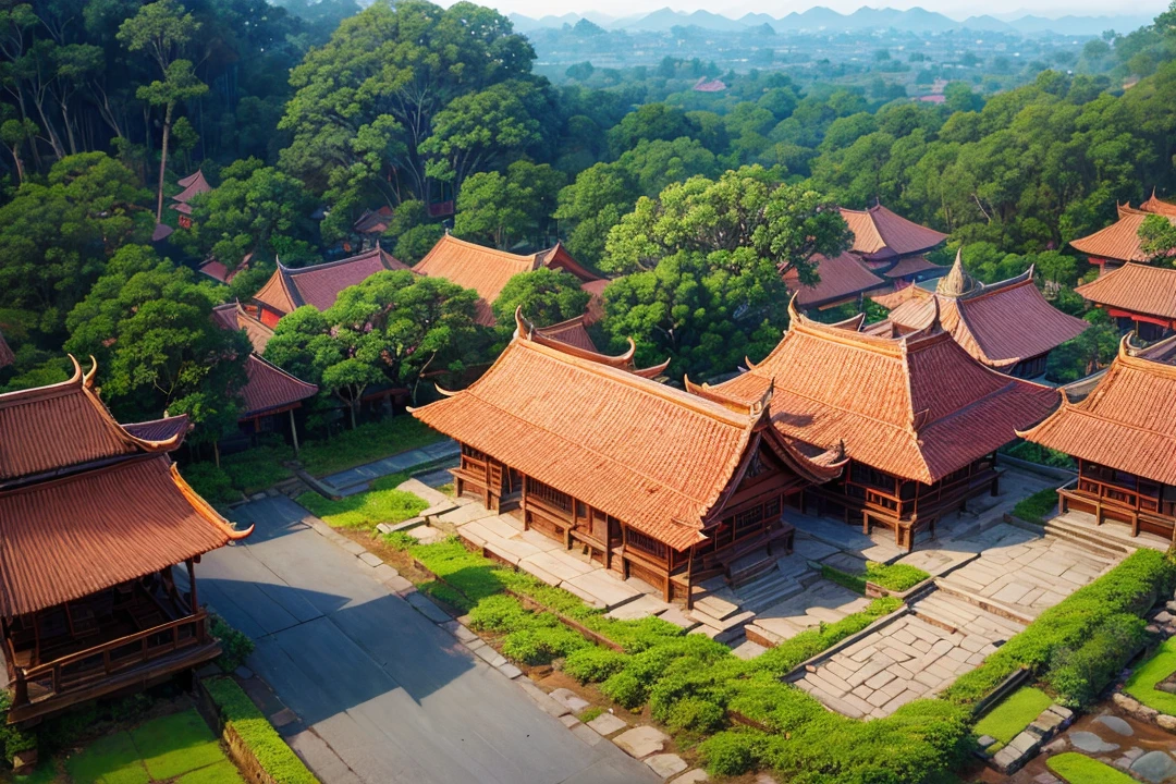 Balinese traditional village that made out of carved stone & Brick, consists of red Brick and gray carved vulcanic rock, With a bit of Moss on it and traditional balinese roof that made of dark brown hay, Surrounded by bayan tree Forrest. Anime style, cinematic lightning (enhanced details) (view from above revealing the entire village house)