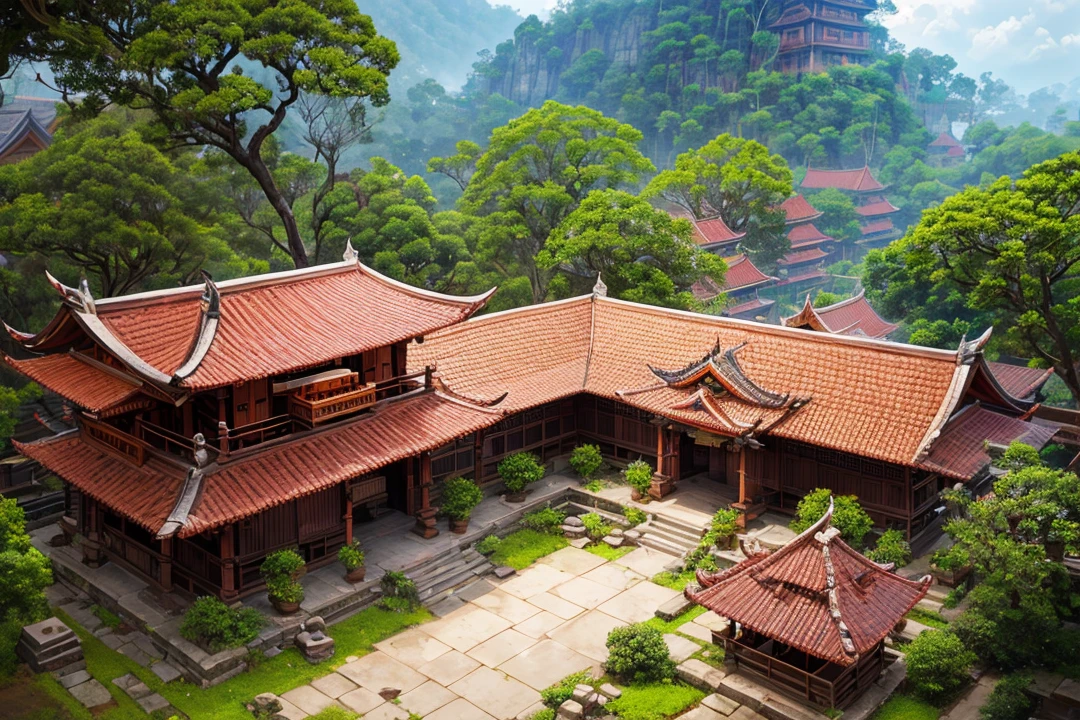Balinese traditional village that made out of carved stone & Brick, consists of red Brick and gray carved vulcanic rock, With a bit of Moss on it and traditional balinese roof that made of dark brown hay, Surrounded by bayan tree Forrest. Anime style, cinematic lightning (enhanced details) (view from above revealing the entire village house)