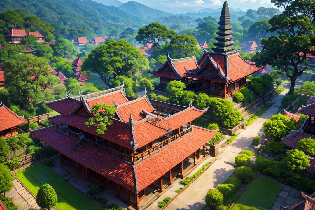 Balinese traditional village that made out of carved stone & Brick, consists of red Brick and gray carved vulcanic rock, With a bit of Moss on it and traditional balinese roof that made of dark brown hay, Surrounded by bayan tree Forrest. Anime style, cinematic lightning (enhanced details) (view from above revealing the entire village house)