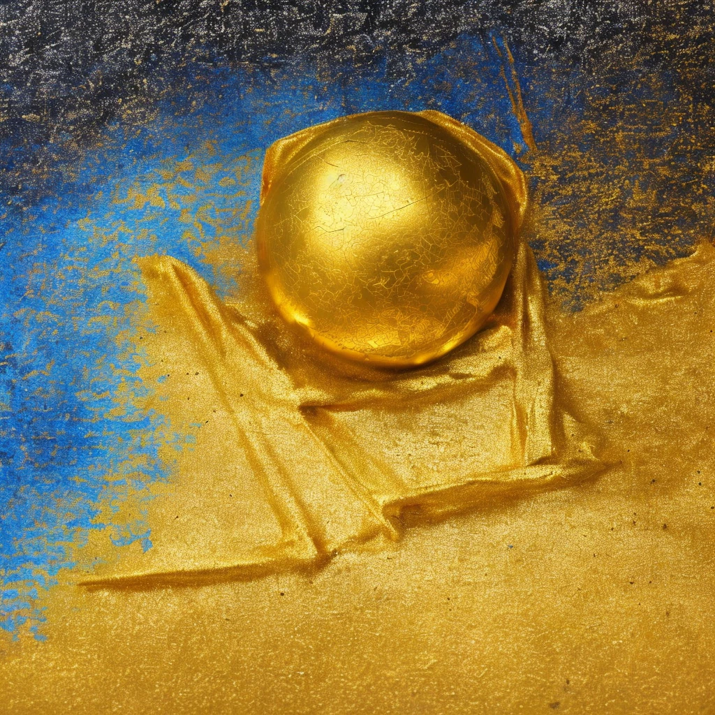 there is a golden earth sitting on top of a gold object, oil pastels and gold, pastel art, cinematic gold, pastel artwork, mixed media on toned paper, gold and blue ,light study, stone and glass and gold,